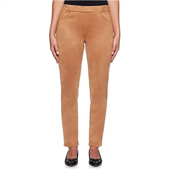 NWT JOAN VASS Sz S Camel Faux Suede Pants Leggings Elastic Waistband w/ Pockets - Picture 1 of 11